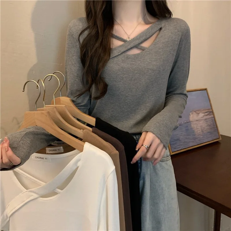 Women's Gray Long Sleeve T Shirt Spring Autumn Design Centric Cross Detail Trick Detail Base Layer Unique Slim Fit Inner Top