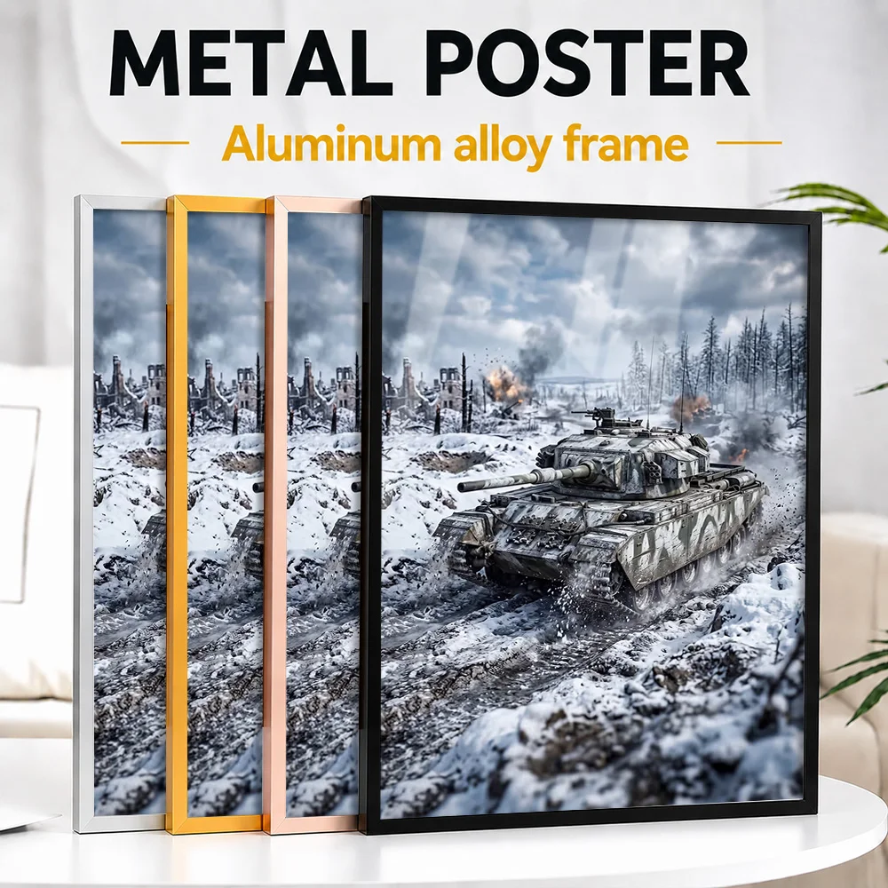 Tank In A Snowy Battlefield Framed Metal Poster Personalized Photo Dramatic Combat Style Wall Art For Den Memorable Gamer Gift