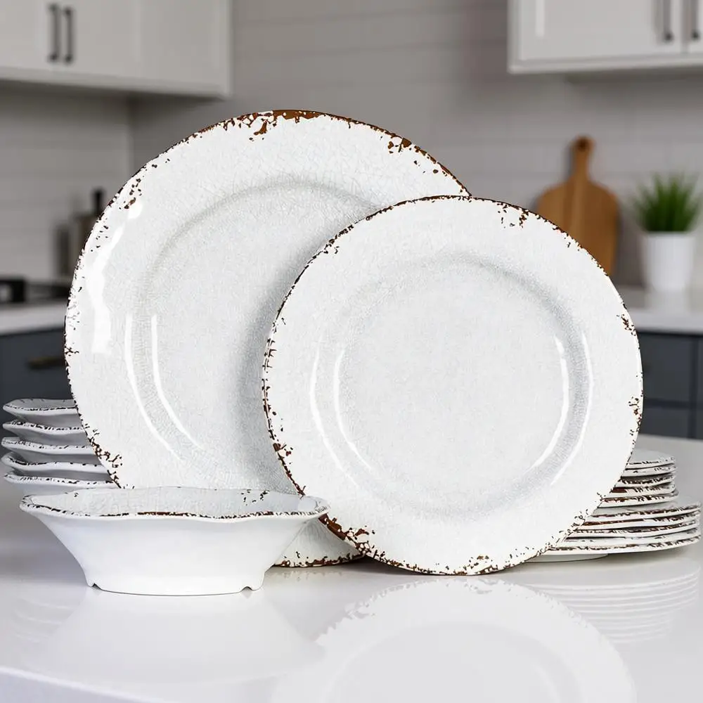 

18-Piece Melamine Dinnerware Set: Lightweight, Unbreakable Outdoor Plates & Bowls for RV, Indoor or Outdoor Use, White