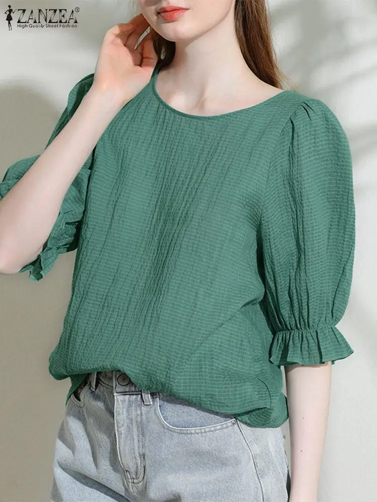 Summer Elegant Shirt ZANZEA Women Solid Pleated Blouse Fashion O Neck Short Sleeve Tops Tunic Femme Casual Loose Holiday Blusas