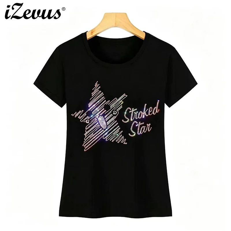 IZEVUS Creative Star Women's Short-Sleeved T-Shirt High-Quality Diamond Flash Series Leisure Top for Ladies
