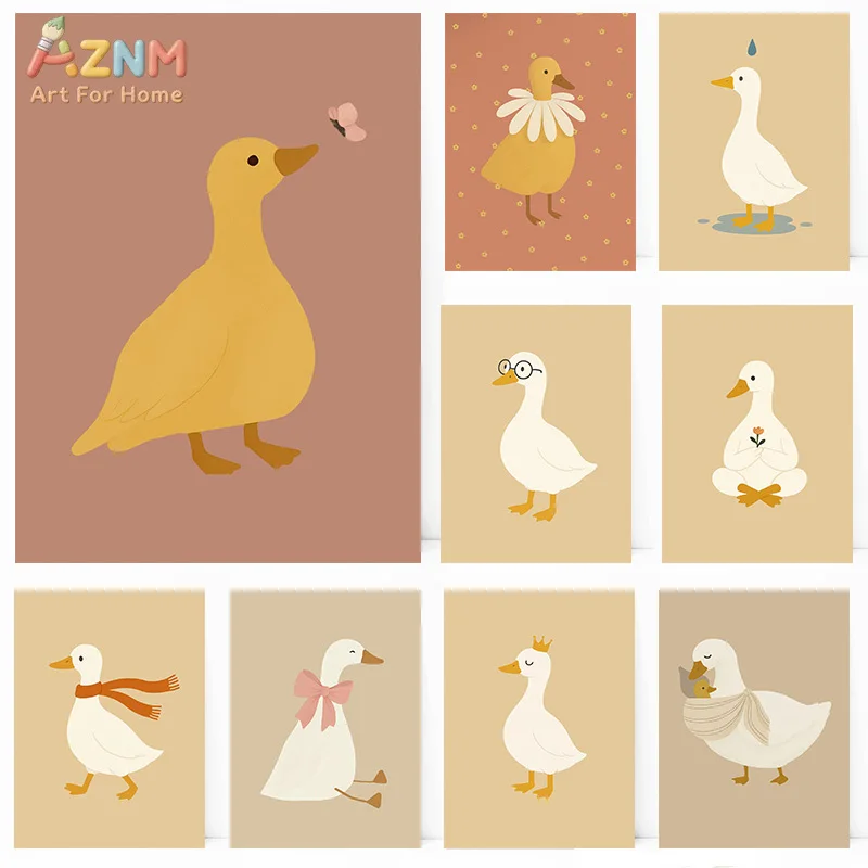 AZNM Cute Cartoon Duck Canvas Print Neutral Beige Background Bow Crown Glasses Yoga Duck Unframed Canvas Wall Art Baby Nursery K