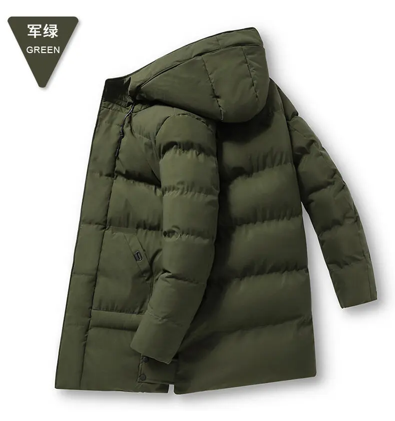 Men Mid Long Hooded Padded Cotton Jacket Plus Size Thick Warm Quilted Winter Coat Drawstring Hood Casual Cold Weather Outerwear