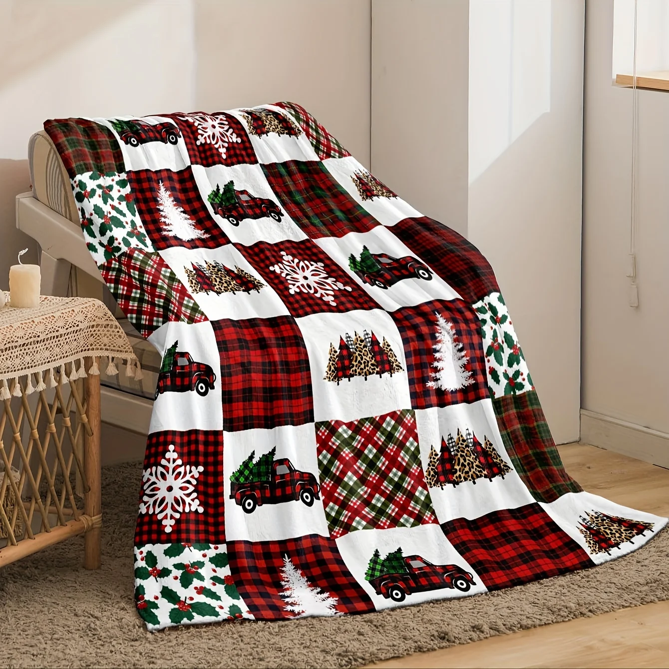 Christmas Truck Flannel Blanket - Reversible Buffalo Plaid Throw,  Soft Polyester for Sofa/Bed, Cozy Holiday Gift