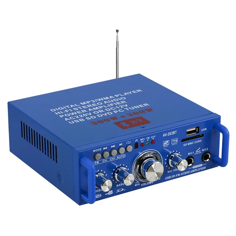 AV-263BT Bluetooth Audio Power Amplifier USB SD FM HIFI Amp Dual Mic Input Home KTV Car Speaker Replacement Audio Device