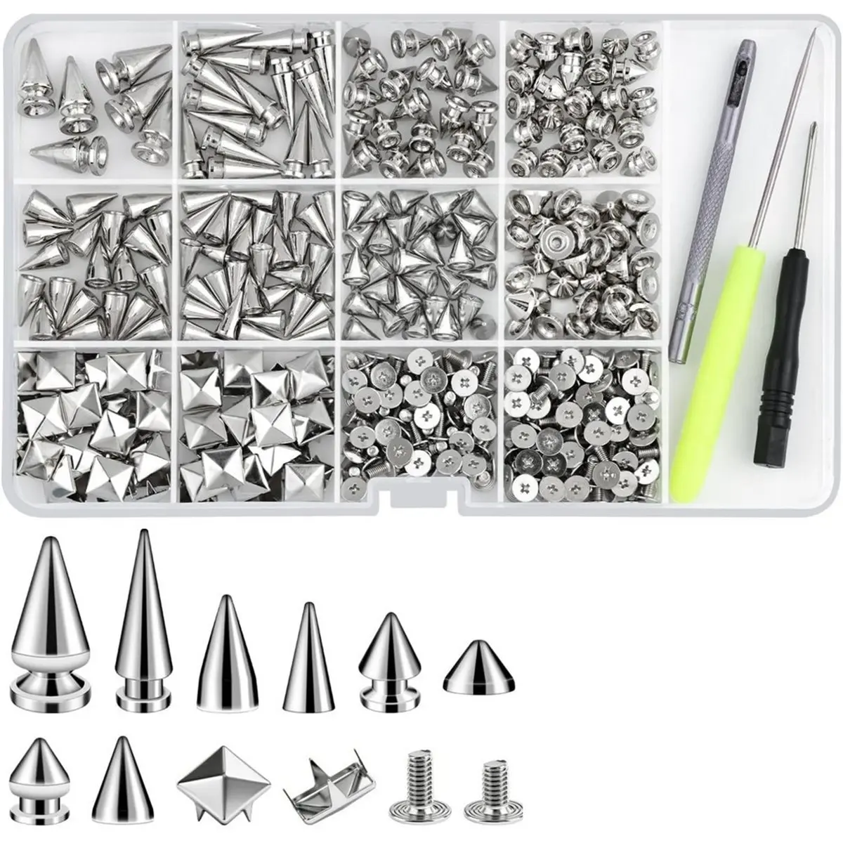 DT38 Flat Design 402PCS Punk Spikes and Studs Kit for Leather Clothing Bags Shoes - for DIY Craft Repair Accessories Kit