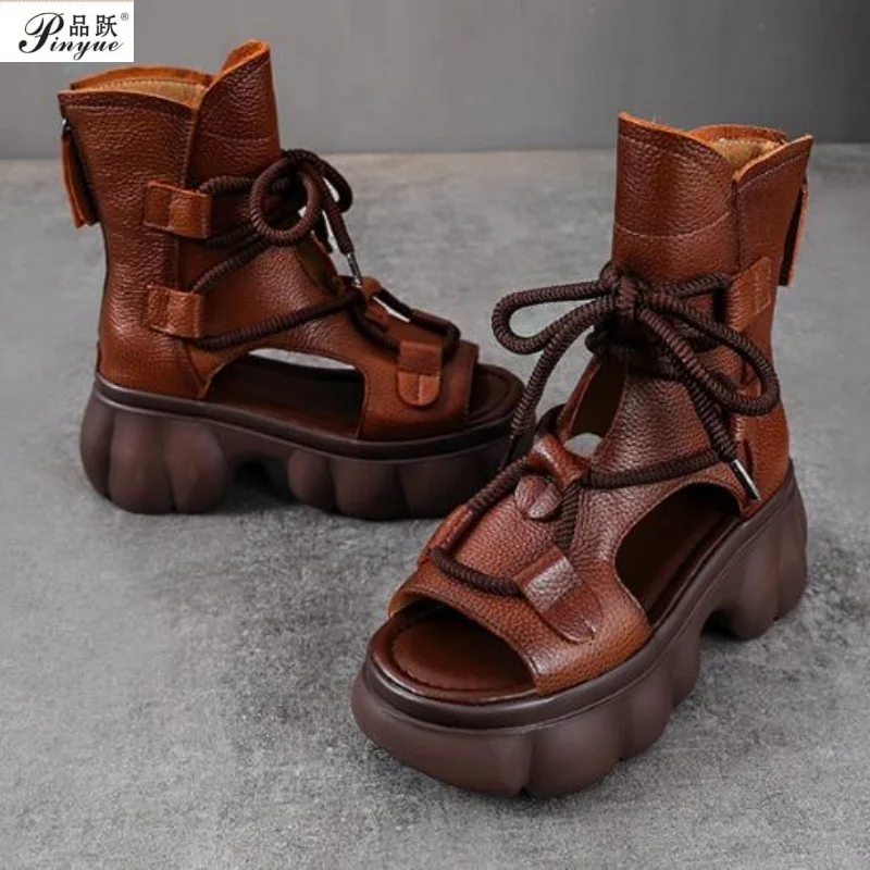 Women 6cm Cow Genuine Leather Sandals Handmade Retro Wedges Heel Sandals Ladies Summer Back Zipper Platform Roman Cool Boots