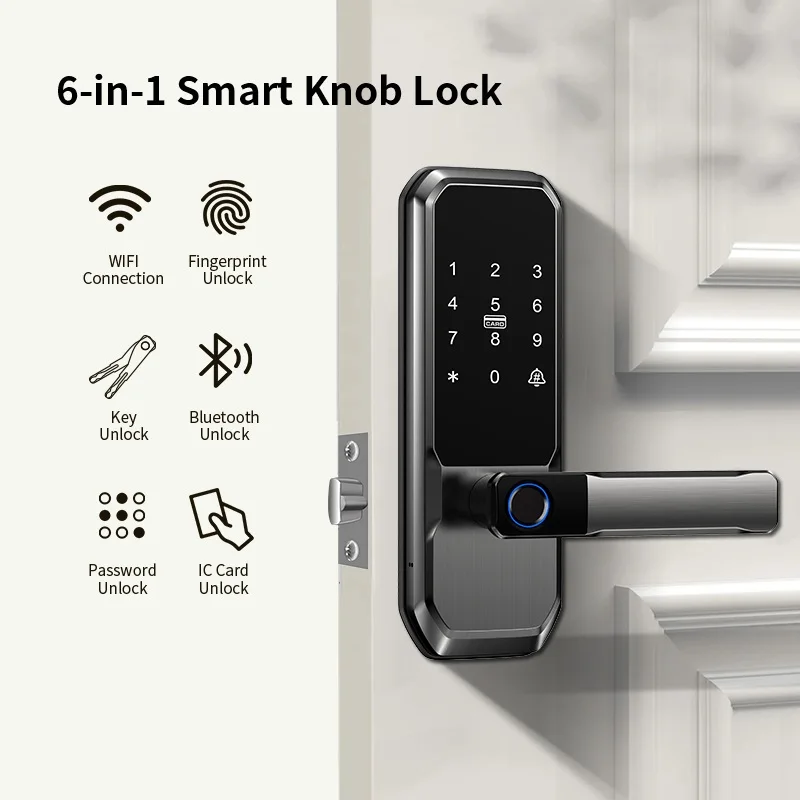 Aluminum Alloy Tuya WiFi Biometric Smart Lock Support Fingerprint & Card Access Operated Via APP & Mechanical Key