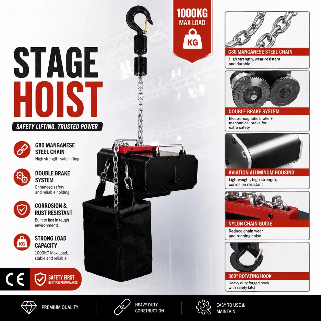 Stage Hoist for Truss Electric Hoist 500kg 1Ton Stage Lifting Electric Chain Hoist 50 Alloy Steel Provided Forged G80 Chian