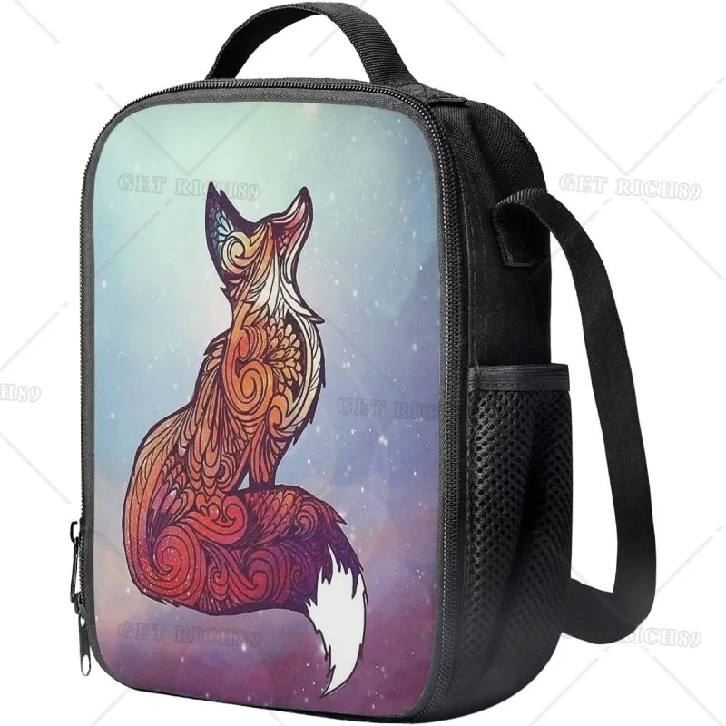 Fox Lunch Box for Women Men Boys Girls Kids Funny Cartoon Graphci Print Lunch Bag with Pocket and Strap for School Work Trip