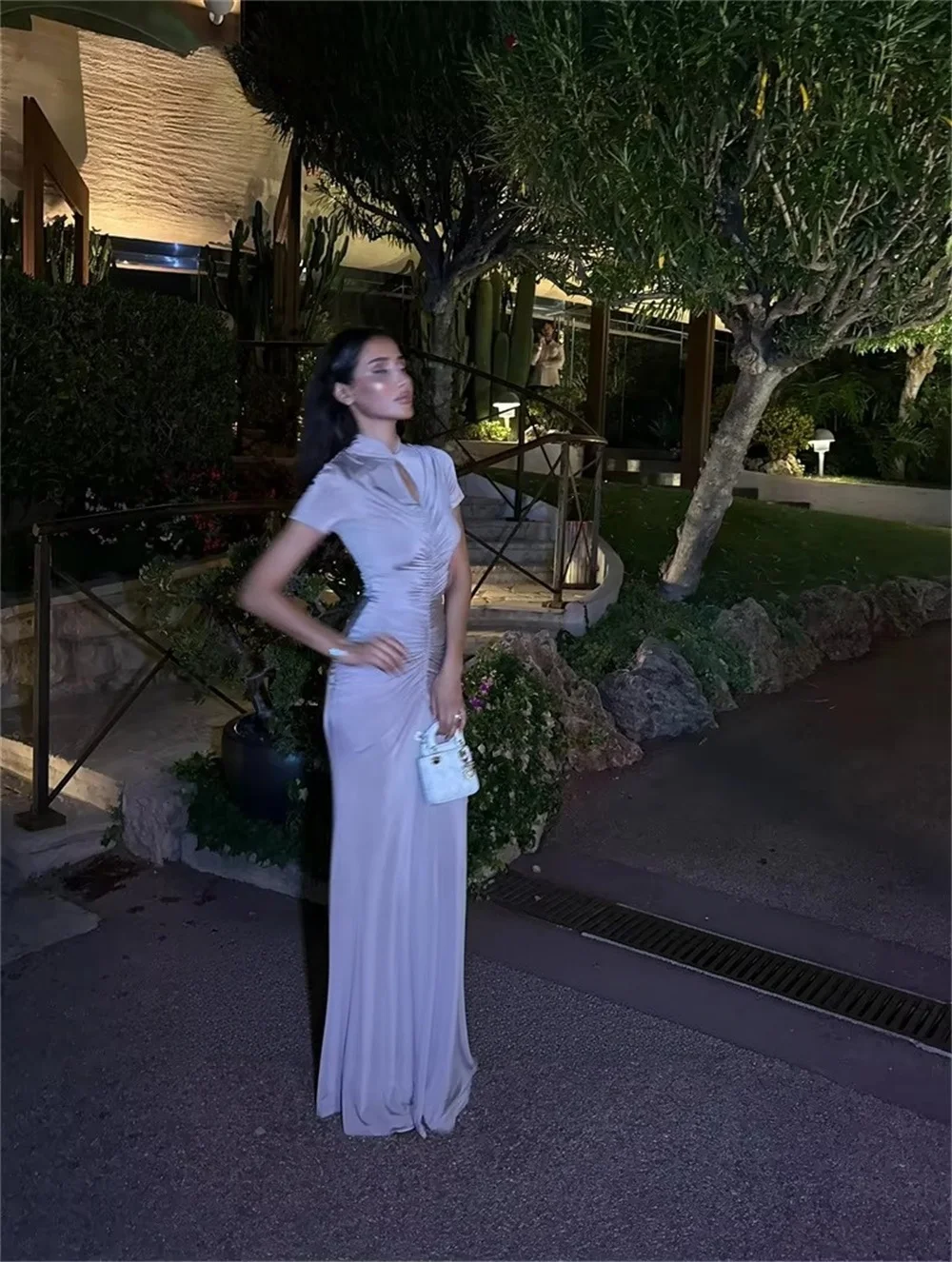 Amanda Custom Lavender High Neck Keyhole Short Sleeve Ruched Mermaid Long Prom Dress Elegant Formal Evening Homecoming Gown
