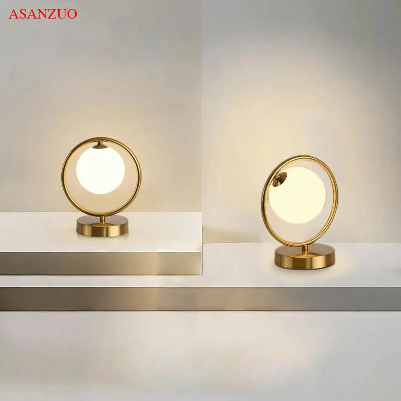 

Современные светодиодные стеклянные настольные лампы, латунные светильники для спальни, прикроватная настольная лампа для чтения, домашний декор для отеля, круглое кольцевое освещение