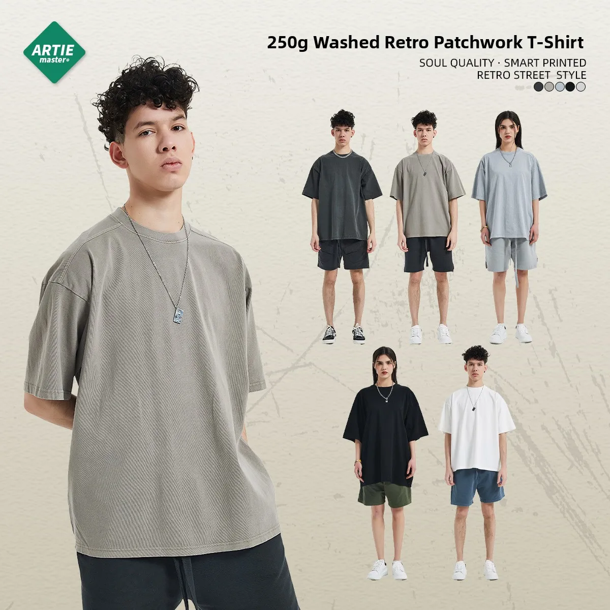 

Artie Men's Street Faion Brand Wax Dye Vintage Waed Loose ort Sve T-irt Cotton round Ne Urban Sle Summer Top