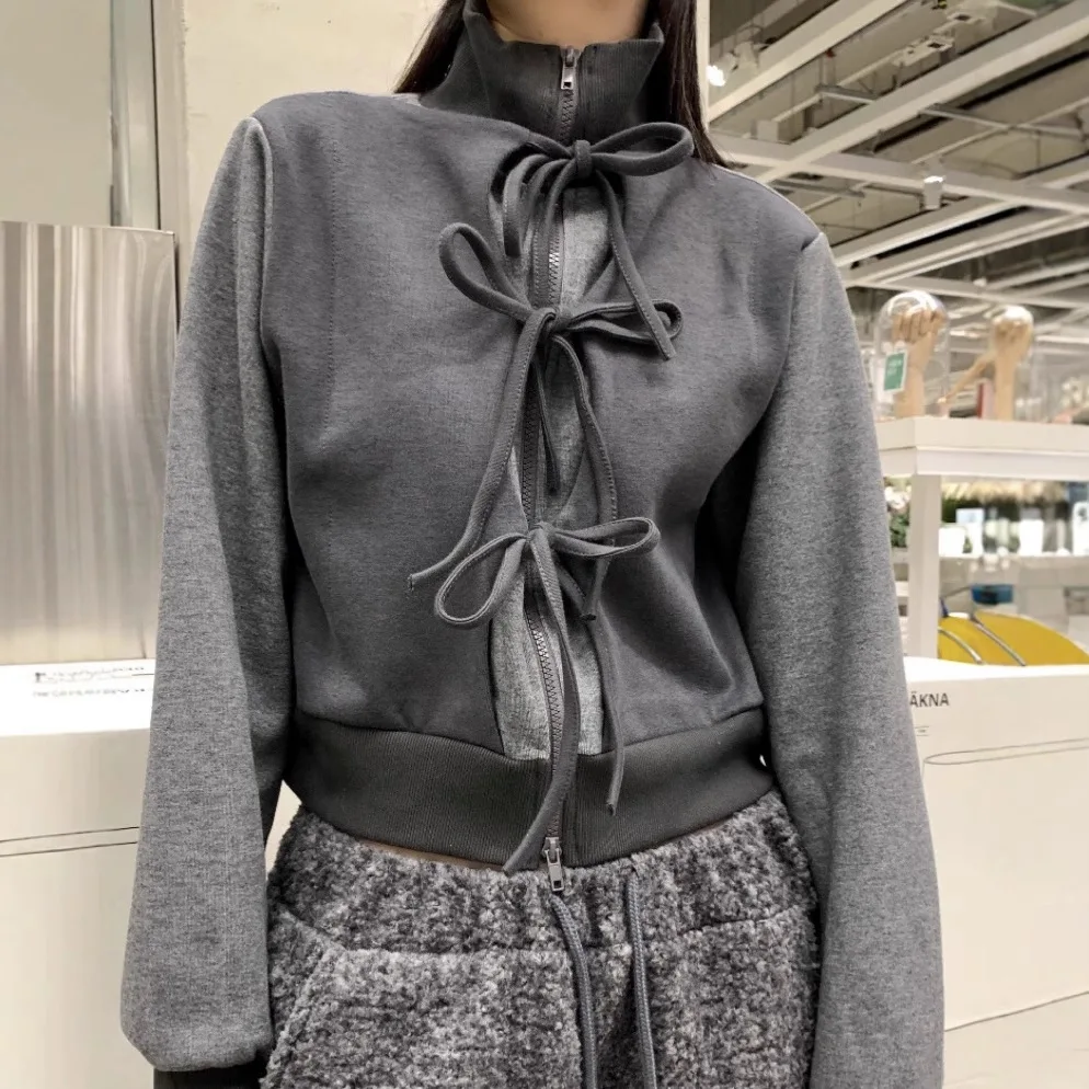 

Sweet bow strap strap color matching stand-up collar short jacket sweater thickened Japanese