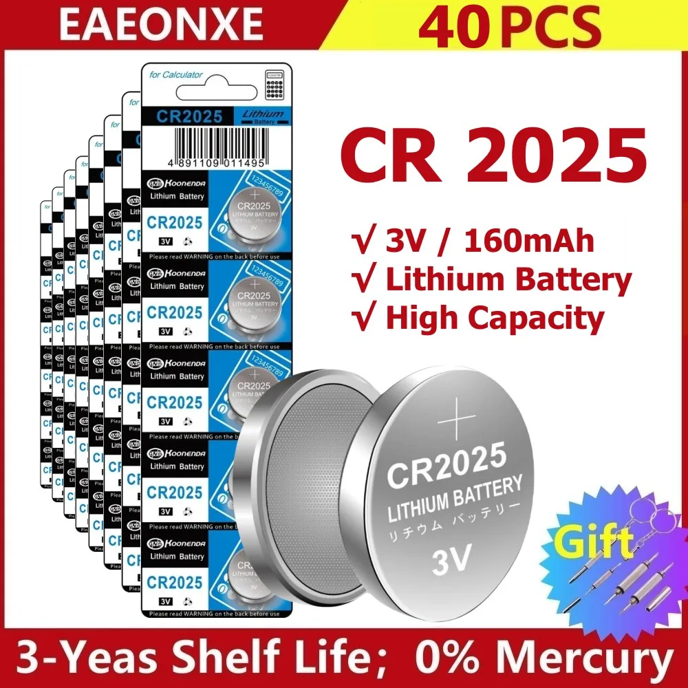 

40pcs CR2025 Battery CR 2025 3V Lithium Battery DL2025 BR2025 KCR2025 For Car Remote Control Button Coin Cells Watch Batteries