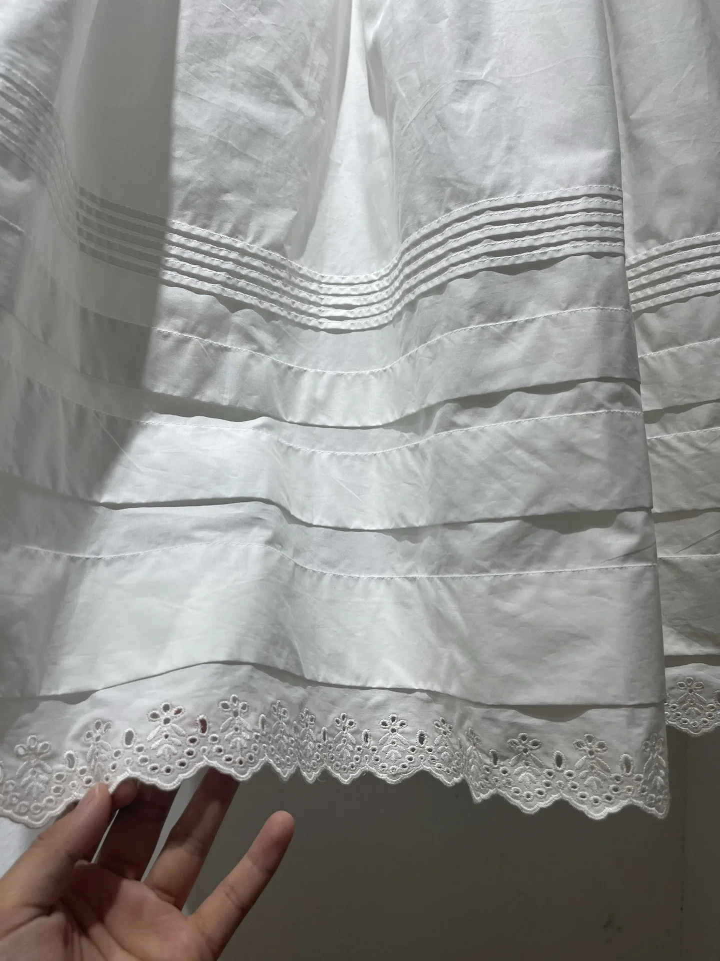 Embroidery Edge Women White Midi Skirt 100% Cotton Pleated Spliced High Waist A-Line Loose Skirt