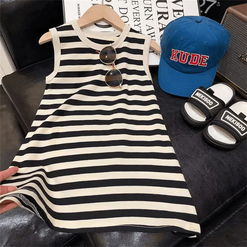 

2024Summer New Western Style Girls' Black and White Striped Sleeveless Dress Girls' Summer Long Children Shirt Trendy