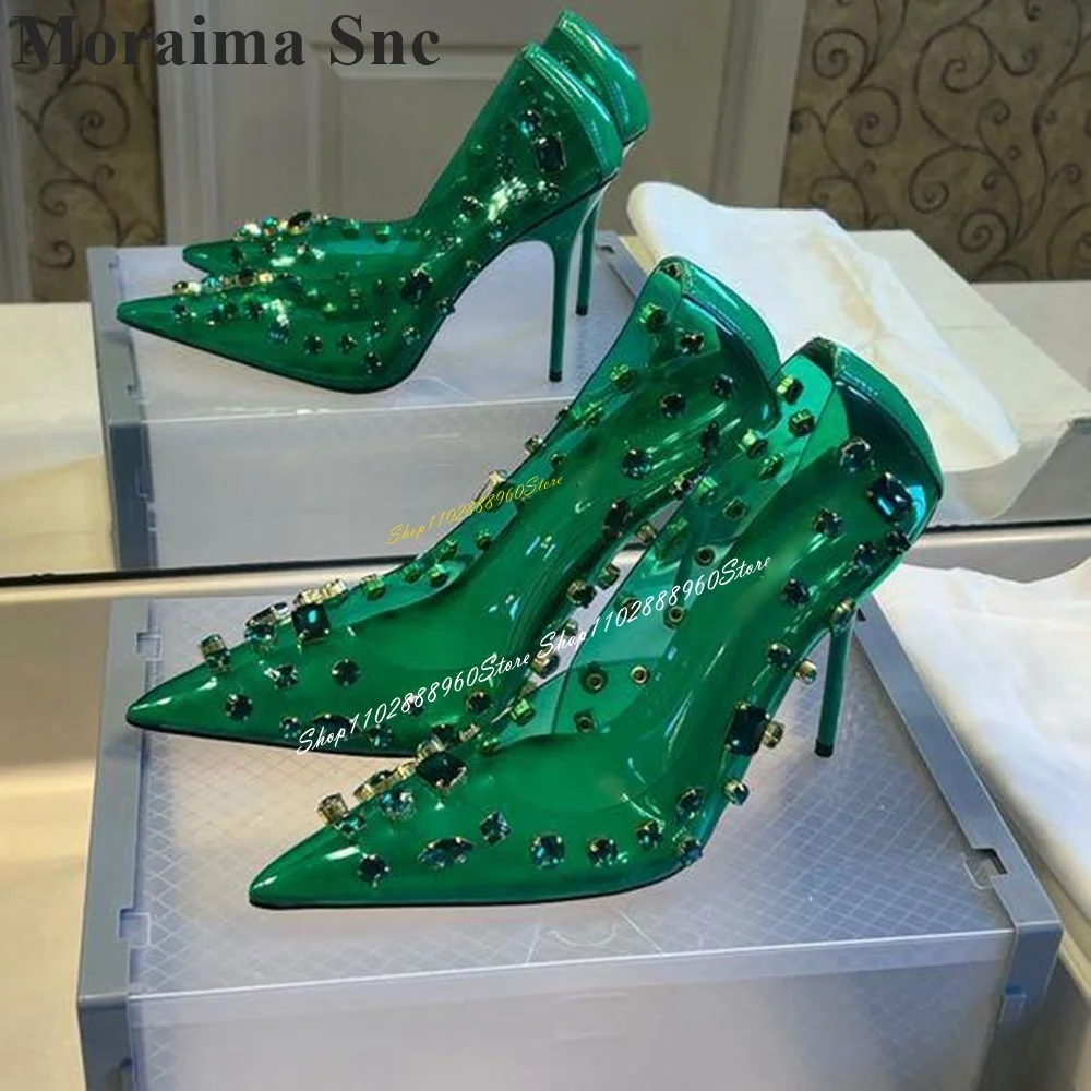 Sparkling Green PVC Crystal Decor Luxury Pumps Thin High Heel Women Shoes Slip On Pointed Toe 2024 Fashion Zapatos Para Mujere