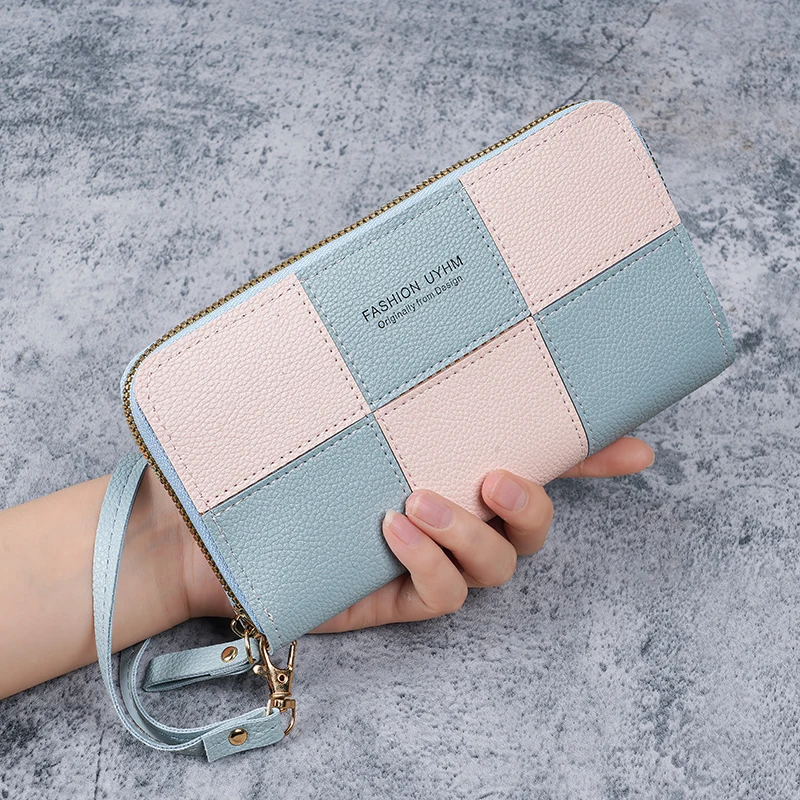 New Women's Long Wallet Spliced Retro Single Zipper Handbag Large Capacity Coin Phone Bag Practical Wrist Bag