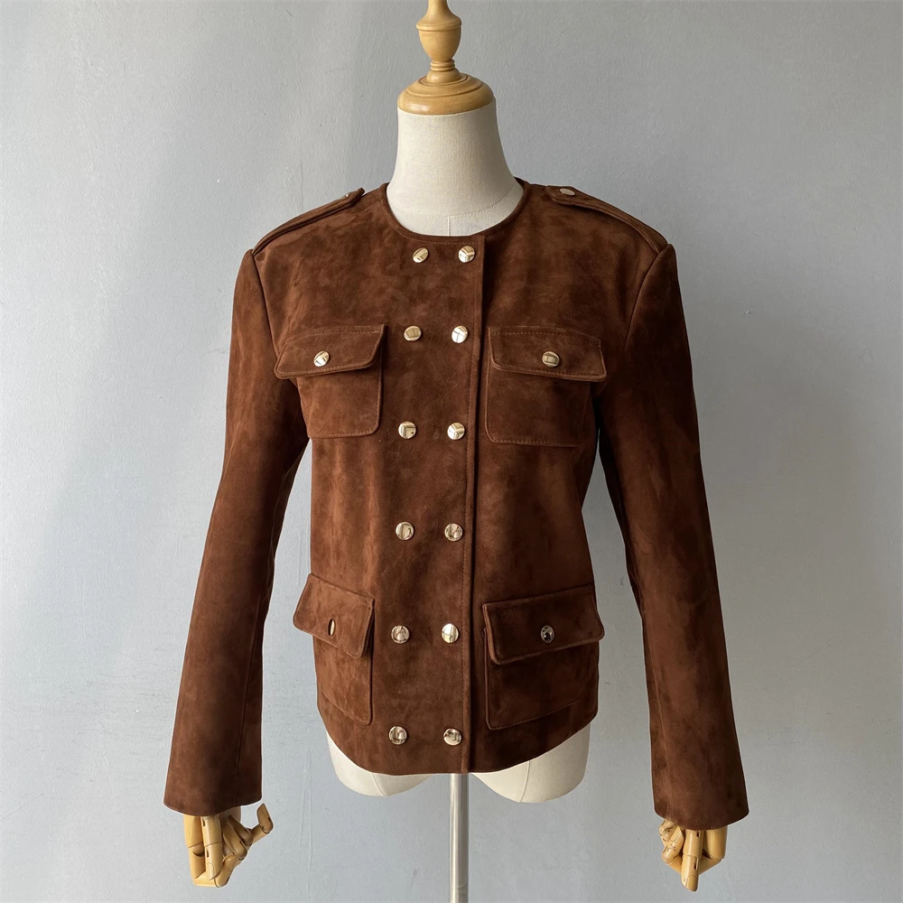 معطف شتوي نسائي من Luxyonuo سترة جلدية من جلد الغزال الحقيقي مزدوجة الصدر معطف مقصوص من الجلد الطبيعي وصل حديثًا 2025