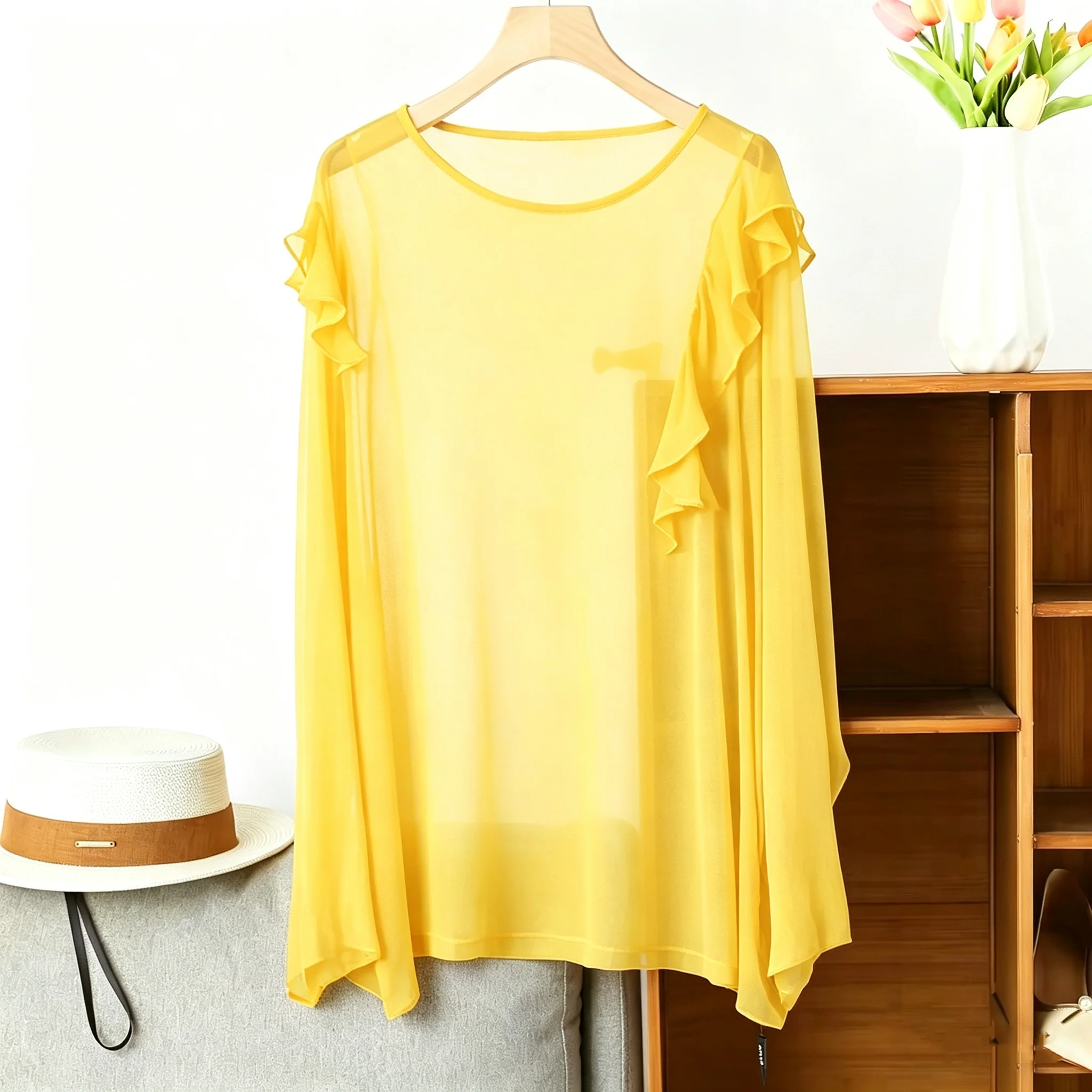 Blusa de encaje vintage con volantes de talla grande, blusa blanca de gasa de manga larga, top holgado elegante, camisa roja para mujer, primavera, 5XL