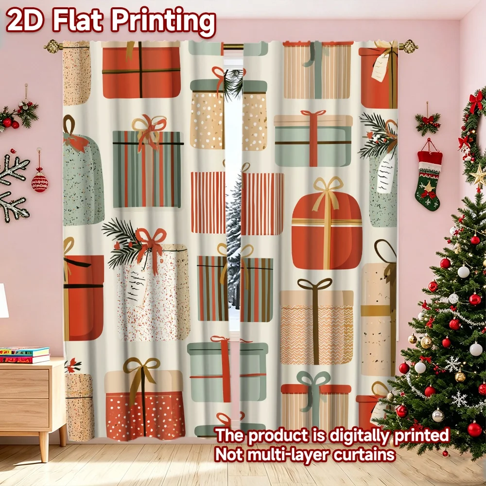 2D flat printing 2pcs Christmas Curtains Christmas Gift Boxes Digitally printed polyester, colorfast Party & Holiday Decor for