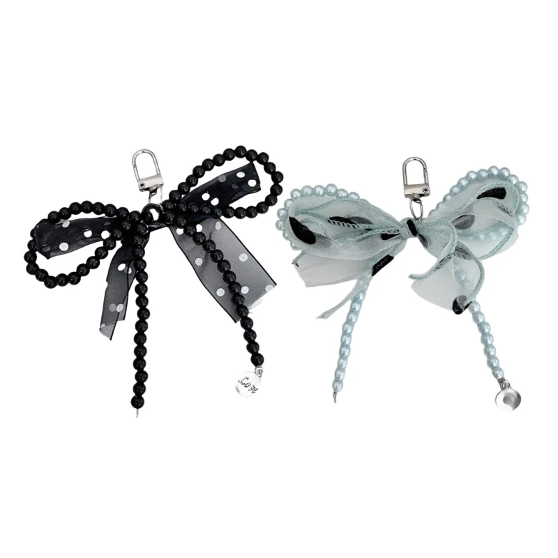 Handmade Ribbon Bowknot Key Holder with Polkas Dot Faux Pearls Butterfly Pendant Keyring Jewelry for Girls and Women