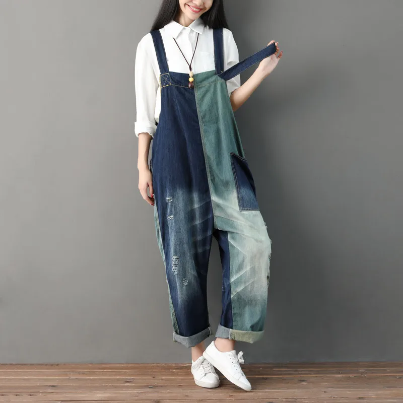 

Women Jeans Spliced Denim Summer Ankle Length Pants Overalls Ripped Hole Distressed Jean Pockets Mid Waist Washed Loose Casual