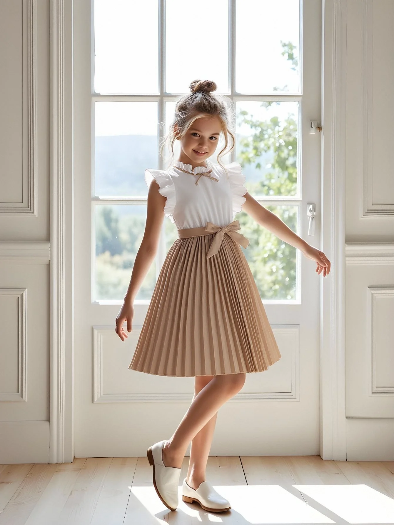 Süßes und elegantes Kleid mit Spitzenkragen und fließenden Ärmeln für Mädchen im Alter von 4 bis 13 Jahren, mit plissiertem Rock und Gürtel, ideal für den Sommer. – Detail 2