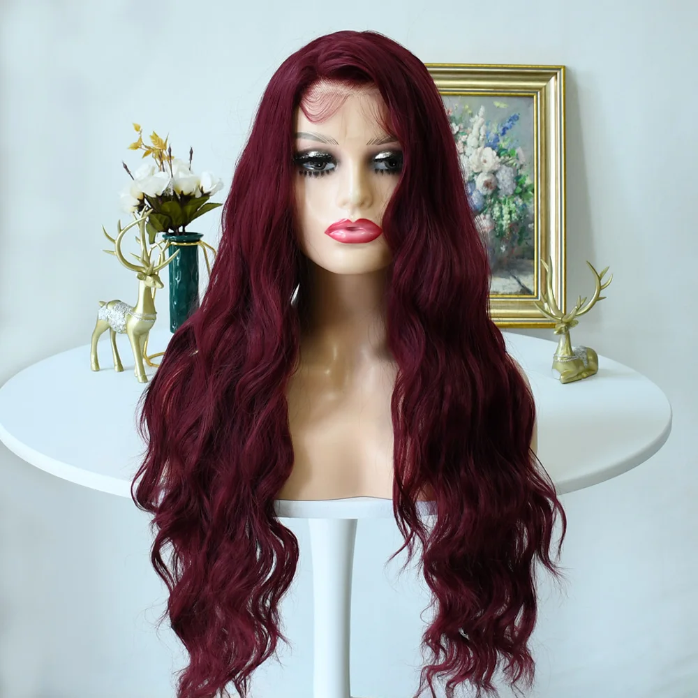 Бордовый Красный Объемная Волна Hd Прозрачный Парик Фронта Шнурка 13x4 Парики Глубокой Волны Для Женщин Предварительно Сорванные Кружевные Фронтальные Синтетические pelucas