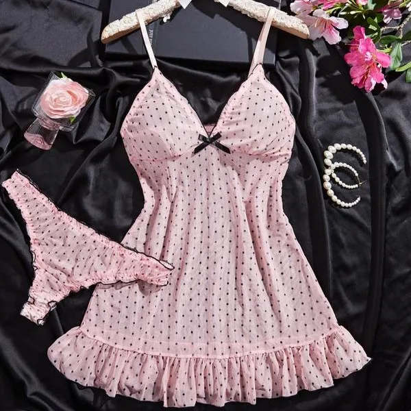Conjunto de Lingerie Sexy para Mulheres, Camisola Rosa com Decote em V Profundo, Estampa de Poá, Alças Finas, Conjunto de Pijamas em Duas Peças