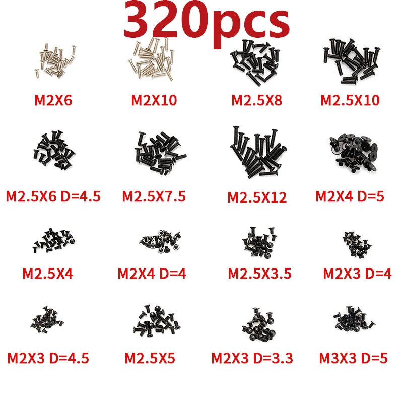 320Pcs/Set M2 M2.5 M3 Screws Assemble Laptop Computer Notebook Fastening Flat Head Black Repair Case for IBM Dell Screws