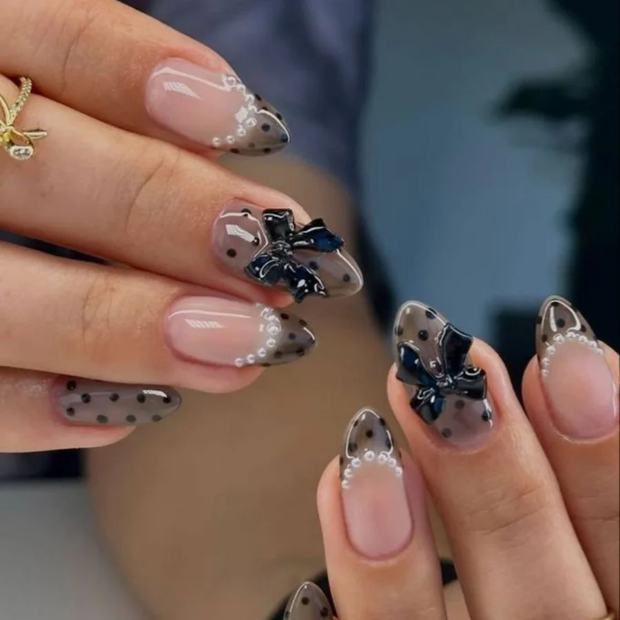 

24Pcs Grey Polka Dot French False Nails with 3D Bow Pearl Nails Set Press on Mid-length Almond Reusable Full Cover Fake Nail Tip