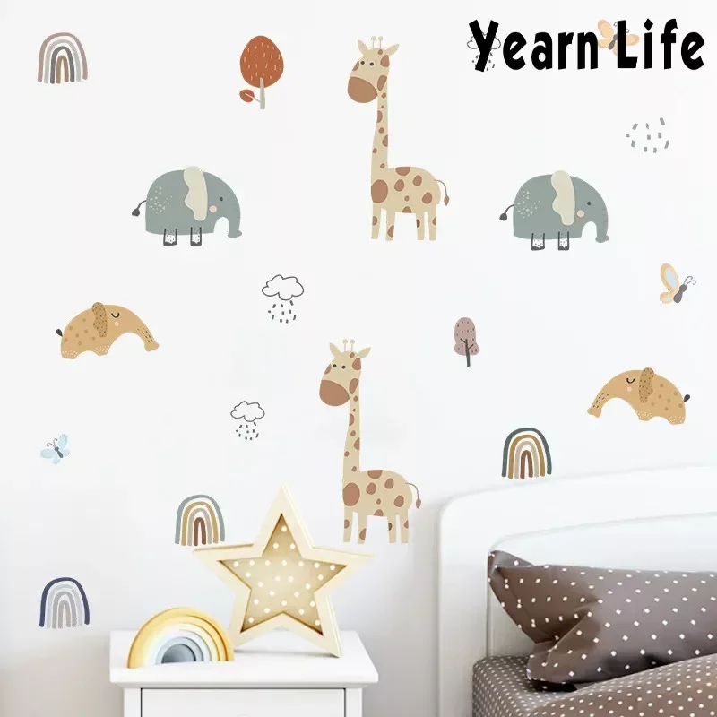 Cartoon Animals Wall Stickers for Baby Kids Room Children Bedroom Wall Decor Giraffe Elephant Wall Decals Home Decor Wallpapers