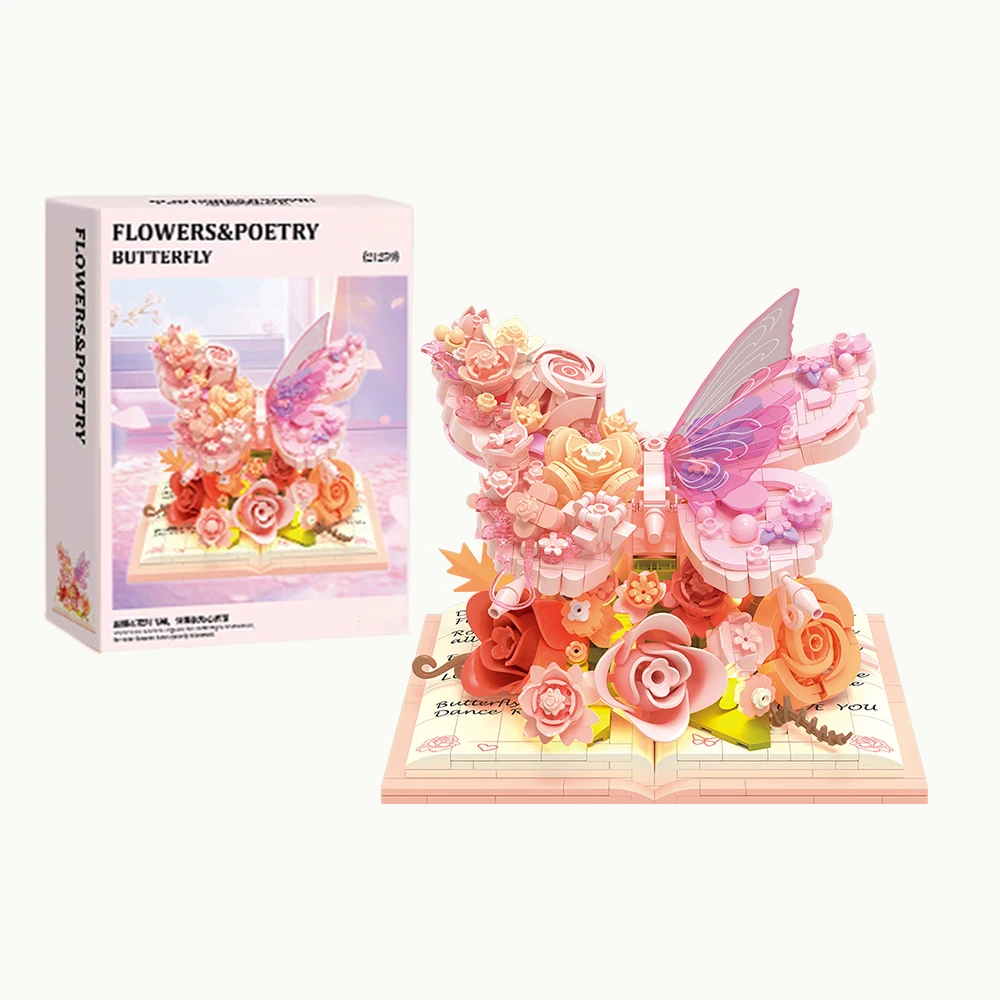 Nuevo libro de rompecabezas 3D, modelo de ramo de mariposas, conjunto romántico DIY, regalo de cumpleaños para niñas, niños, 850 Uds., dispositivo de iluminación, bloques de construcción