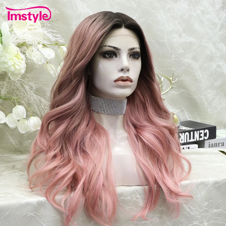 Imstyle Pink Wig Synthetic Lace Wig Middle Part Natural Wavy T Lace Wigs For Women Party Cosplay Wig Heat Resistant