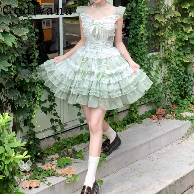 

Spring Summer Green Elegant Square Collar Lolita Princess Jsk Suspender Dress Fashion Age Reduction Sweet Girl Fairy Dresses