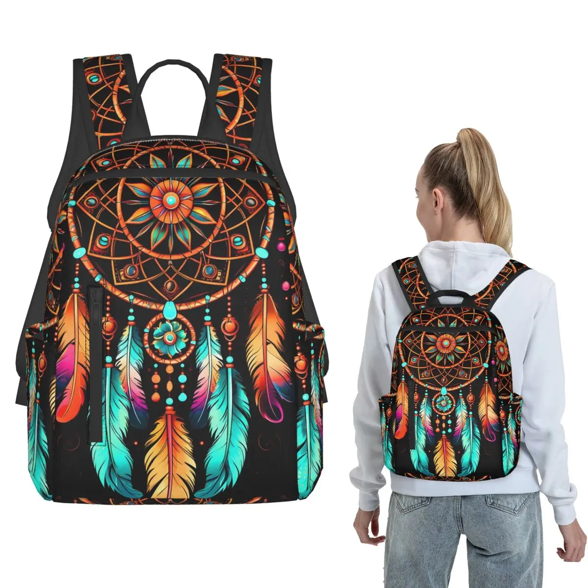 

Ethnic Eagle Feathers Dreamcatcher Backpack Large Capacity Boys Girls BookBag School Bag Shoulder Bags for Men Women