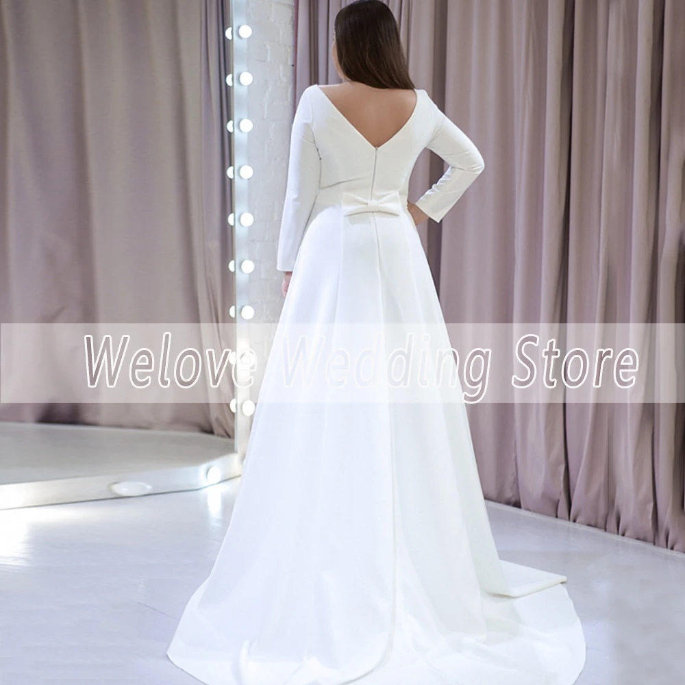 High Quality Civil Wedding Dress Boat Neck With Long Sleeve Bridal Gown White Backless Floor Length Plus Size Robe De Mariee