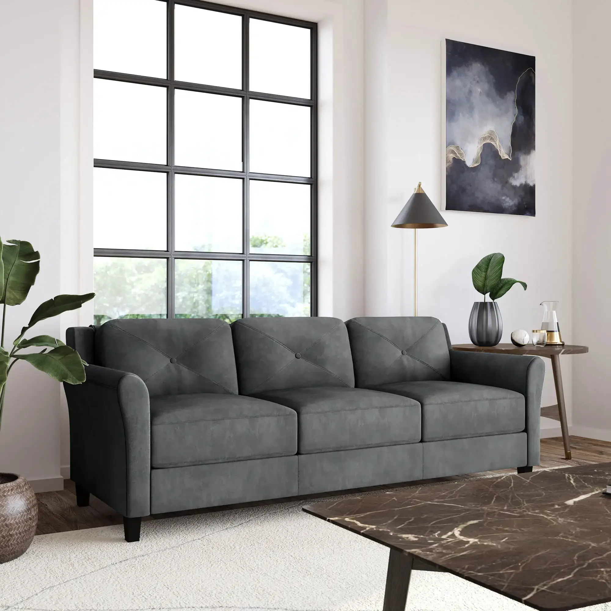 Upholstered Sectional Sofa with Rolled Arms, Fabric, for Compact Living Space, Bedroom, Living Room, Apartment