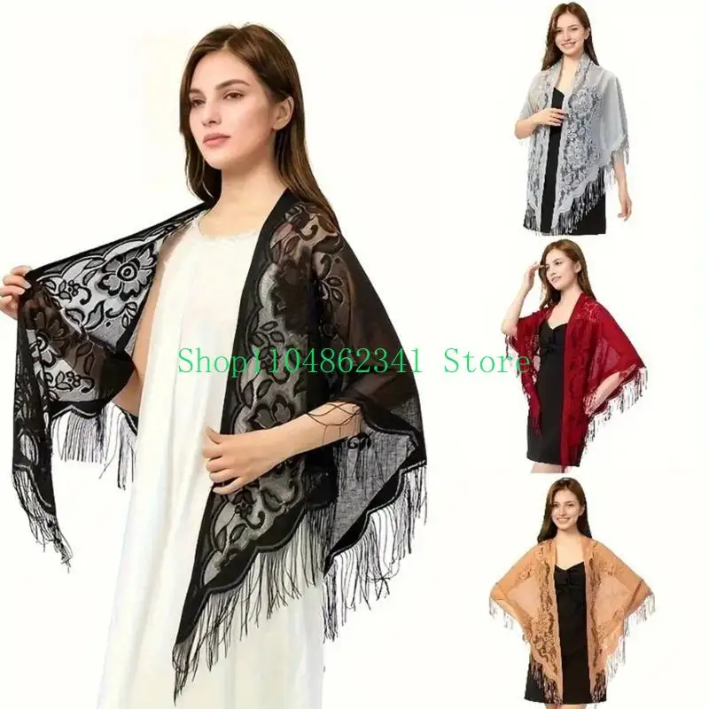 

652F Popular Lace Tassels Scarf Hollowed Shawl for Female Everyday Use Vacation Dress