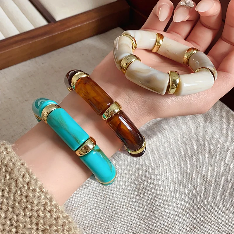 Bohemia Cylinder Smudging Acrylic Bangles for Women Retro Ethnic Style High Elasticity Wristband High-end Resin Party Jewelry M1
