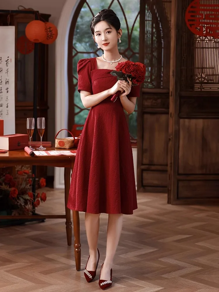 

Chinese Style Bride Burgundy Wedding Dress Vintage Elegant Short Sleeve Toast Clothing Cheongsam Vestidso