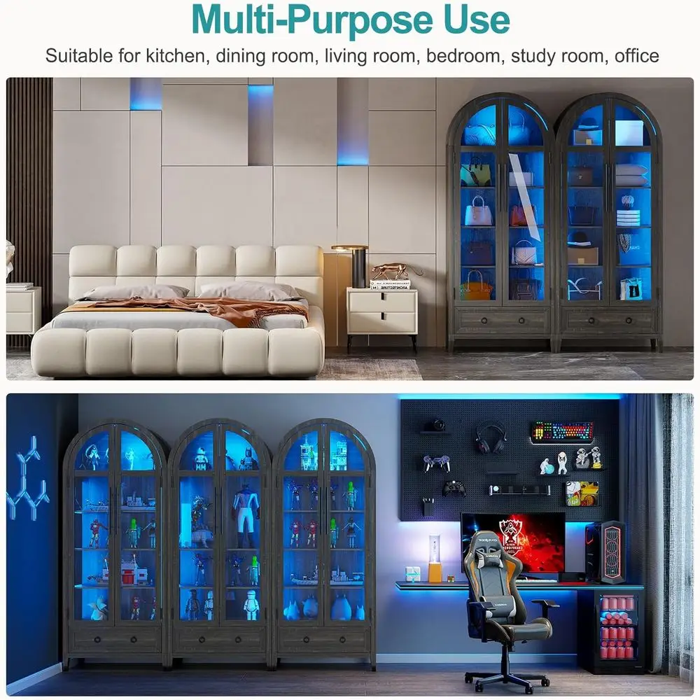 73 Arched Glass Display Cabinet with 4-Tier, Human Body Sensor, LED Lights for Collectibles, Adjustable Shelves, Brown view 6
