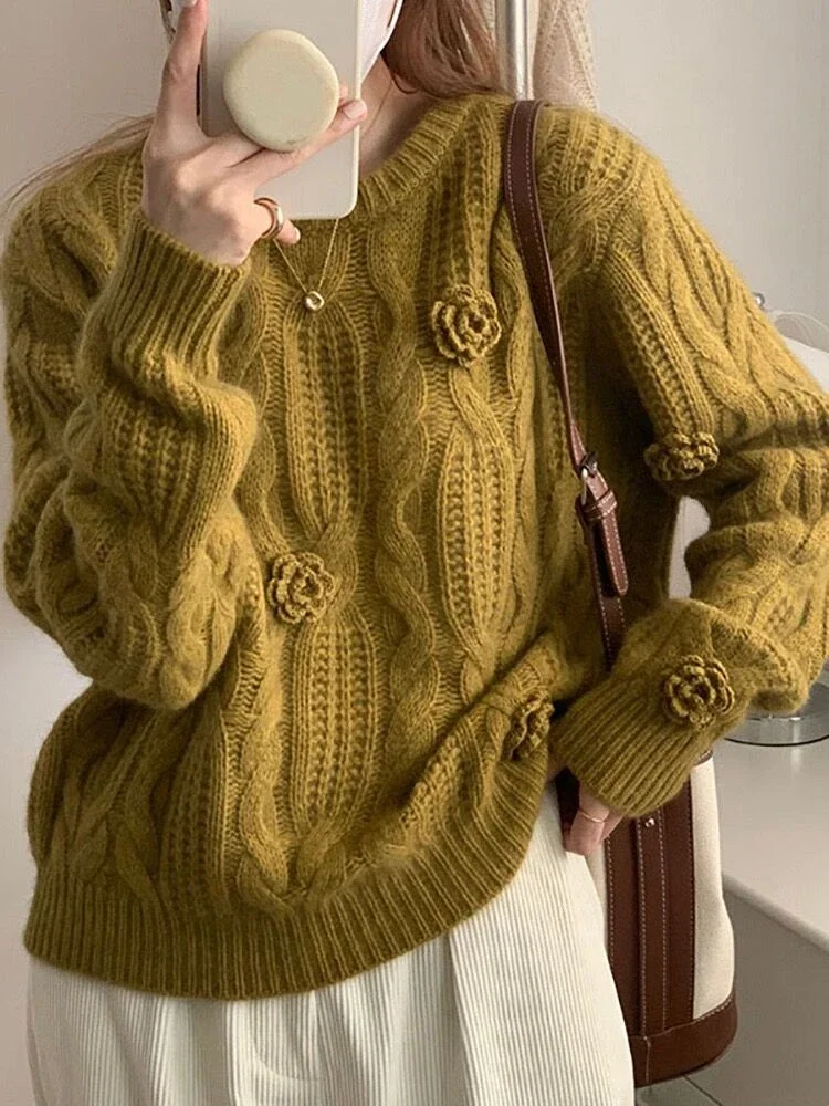 2024 Women Clothing Oversized Pullovers Tops O-neck Casual Jumper Chic 3D Floral Knitted Ribbed Vintage Sweater Sueter Mujer