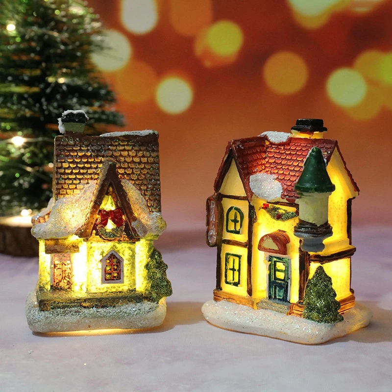 1Pc Mini Christmas House Light Miniature Landscape Resin House Ornaments For Kids Bedroom Home Decorations Xmas New Year Gift