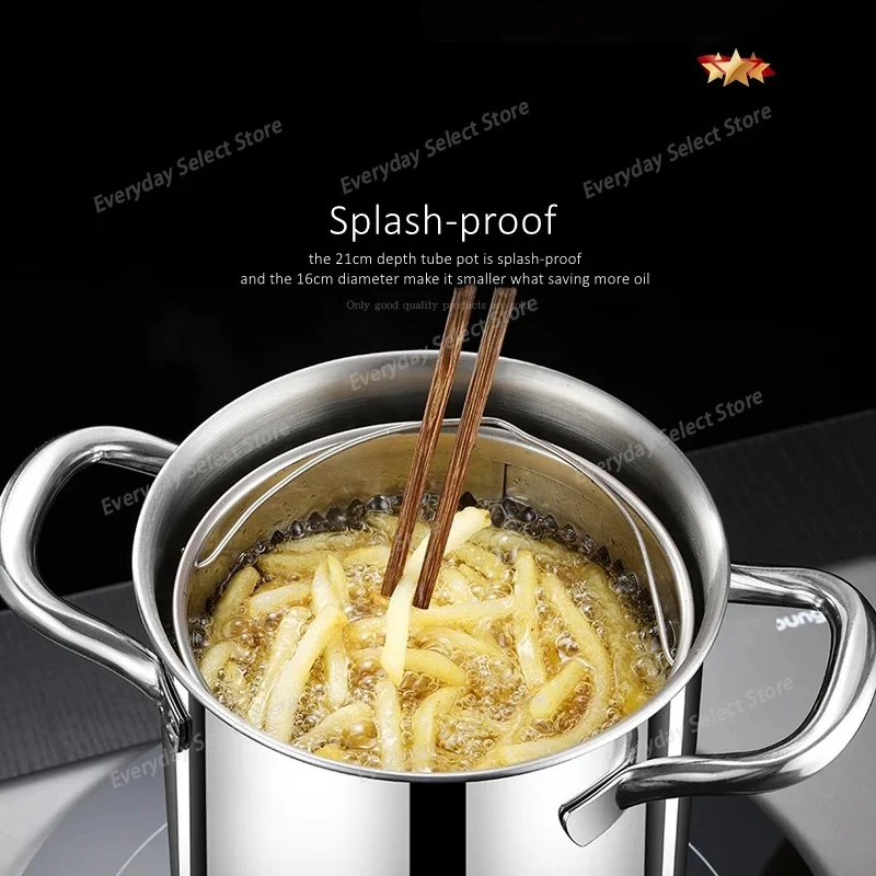 304 Stainless Steel Deep Frying Pot, Deepened Household Fry Pan For Fried Chicken and Skewers, Induction Cooker Compatible