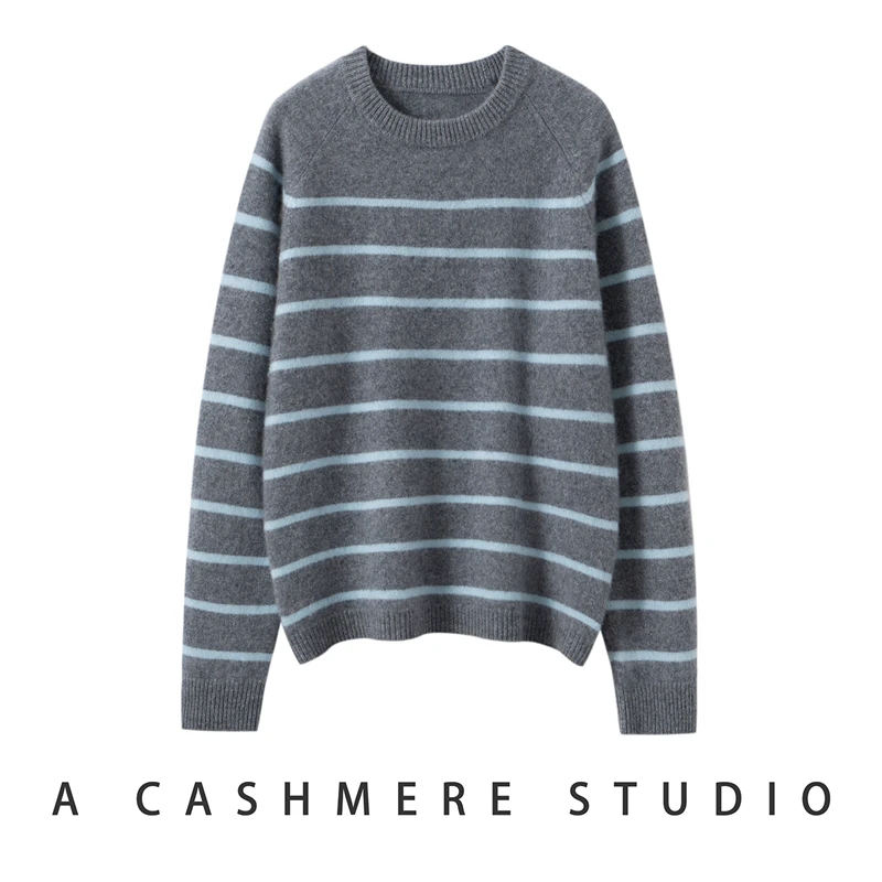 

CHICUU Women's 100% Cashmere Striped Pullover Sweater Autumn Winter O-neck Long Sleeve Casual Style Cashmere Knit Clothes Tops