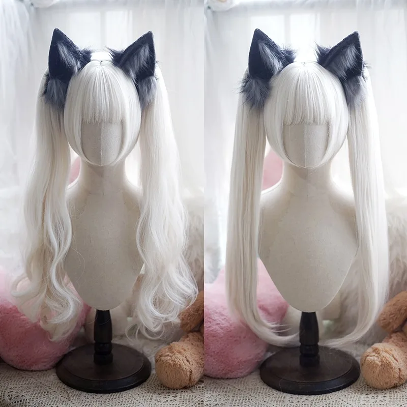 أسود أبيض التدرج الذهبي أنيقة ريترو بوب شعر مستعار مستقيم/مجعد مزدوج ذيل حصان لوليتا النمر الفم كليب شعر مستعار