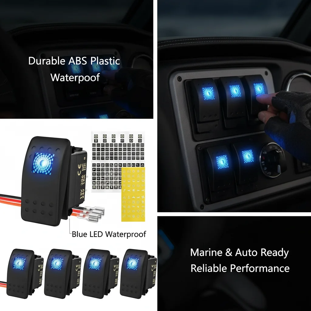 5Pcs Waterproof Laser Rocker Switch 12V/24V Blue LED Backlit Toggle Switch for Marine Boat Yacht RV Caravan Car Truck DIY Panel